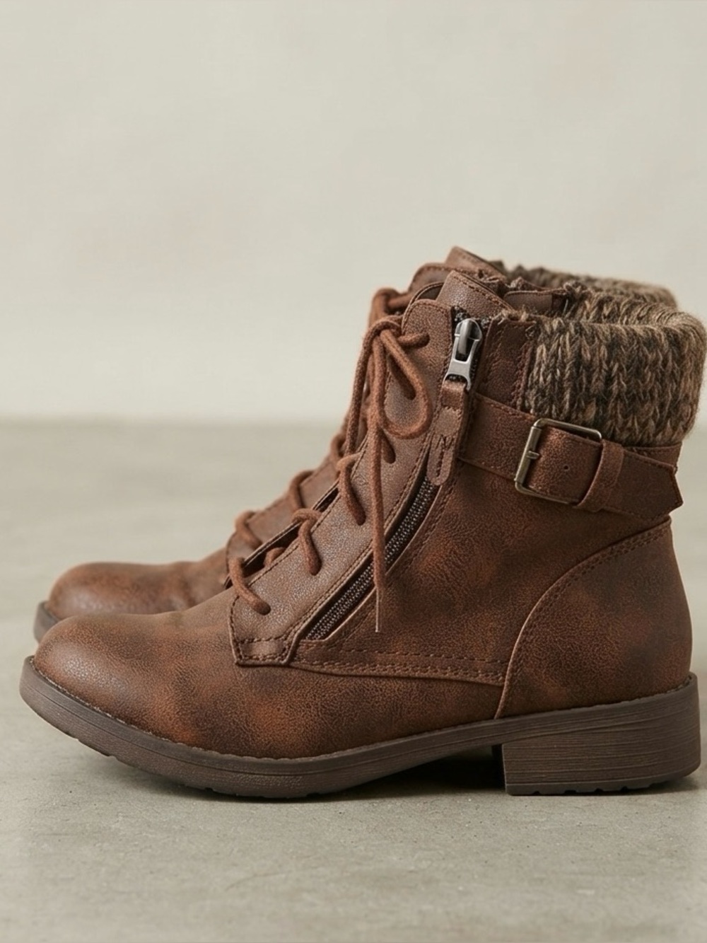 Faded Glory Brown Lace-Up Ankle Booties with Knit Cuff